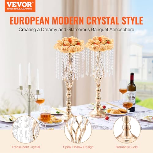 VEVOR 10PCS 55cm/21.65” Tall Crystal Wedding Flower Stand, Metal Wedding Centerpiece Vase, Gold Flower Holders Floral Disp...