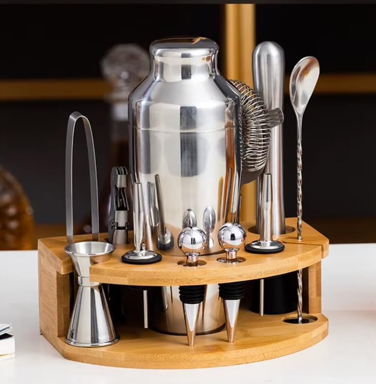 Personalized Cocktail Shaker Set with Stand — Engraved Bartender Kit w/Jigger, Strainer, Spoon & Pourer — Custom Bar Mixol...