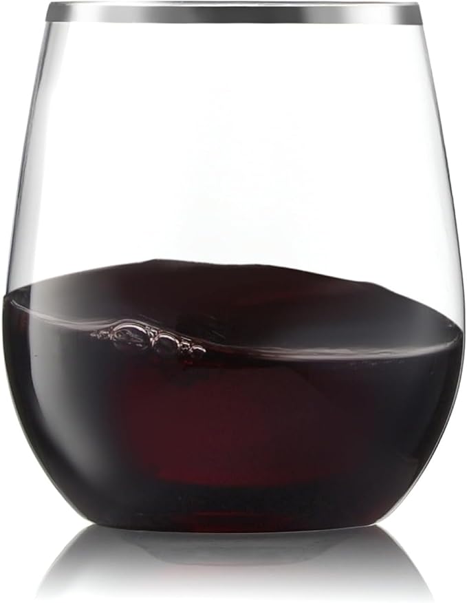 32 Pack Stemless Plastic Wine Glasses Disposable 12 Oz Silver Rim - Shatterproof Recyclable and BPA-Free, Stylish Drinkwar...