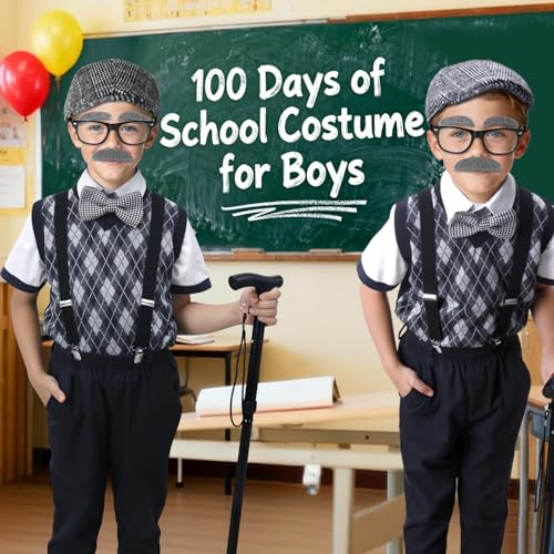 CONGRU 100 Days of School Costume for Boys,Old Man Costume for Kids Grandpa Vest Accessories Set