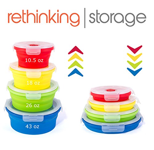 Thin Bins Collapsible Containers Set of 4 Round Silicone Food Storage Containers BPA Free, Microwave, Dishwasher and Freez...