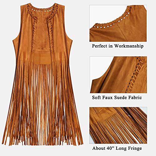 EVISWIY 60s 70s Outfits for Women Disco Hippie Costume Clothes Woman Cowgirl 70s Costume Tops Women Fringe Hippie Vest Brown