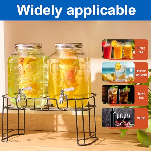 1 Gallon Glass Drink Dispensers for Parties, 2PACK Beverage Dispenser with Stand, Fruit Infuser and Stainless Steel Spigot...
