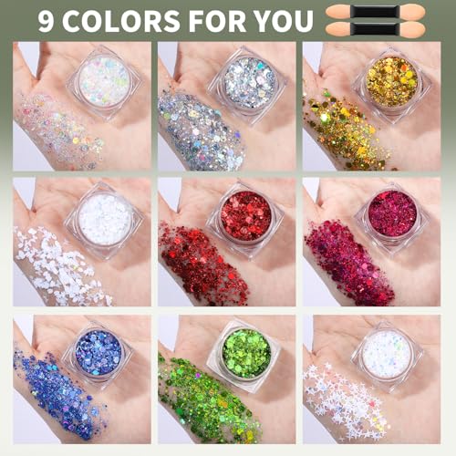 Teenitor Face Glitter, 9 Jars Body Glitter Gel, 9 Colors Makeup Gel Glitter for Face and Body, Hair