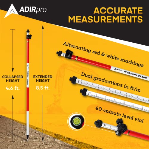 AdirPro 2.6 M Fiberglass Prism Pole with Dual Graduations - Metric and Feet Graduations with Quick Release Clamp & 40-Minu...