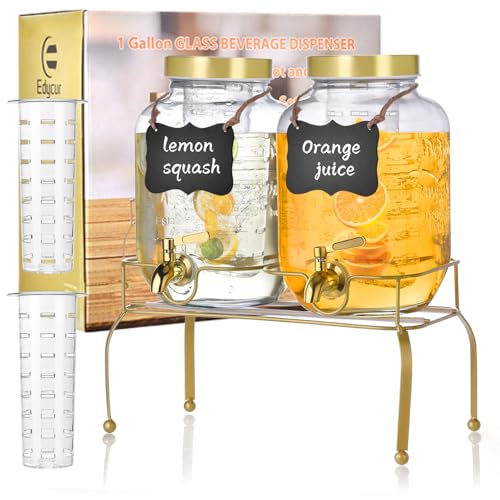 1 Gallon Glass Drink Dispenser Set of 2 – Drink Dispensers for Parties, Beverage Dispenser with Stand & 100% Leakproof Spi...