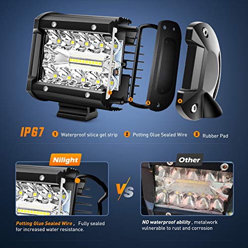 Nilight LED Light Bar 2PCS 60W 4 Inch Flood Spot Combo LED Work Light Pods Triple Row Work Driving Lamp with 12 ft Wiring ...