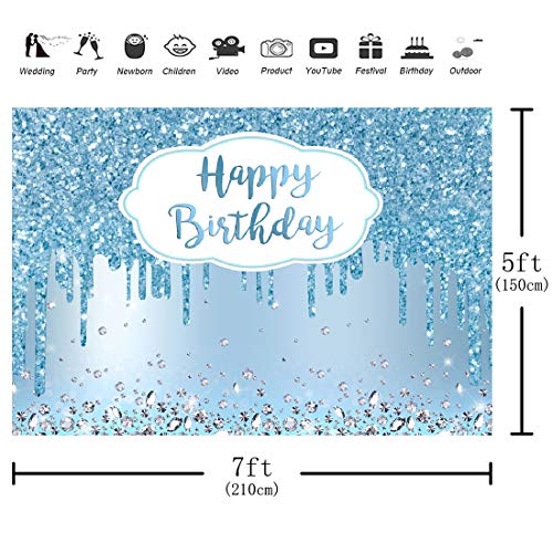 Aperturee 7x5ft Blue Happy Birthday Backdrop Glitter Diamonds Girls Sweet 16 18th 21st 30th 40th 50th Women Photography Ba...