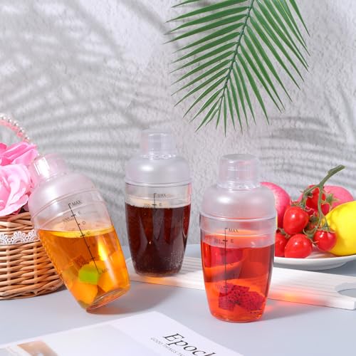 12 Pcs Plastic Cocktail Shaker with Scale and Strainer Top Clear Shaker Cup with Measurement Clear Plastic Bottle Cocktail...