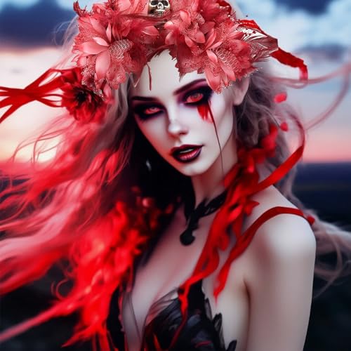 RUSTAMM Halloween Skull Flower Headband Red Flower Crown Gothic Horror Headwear for Party Costume Cosplay Headwear Day of ...