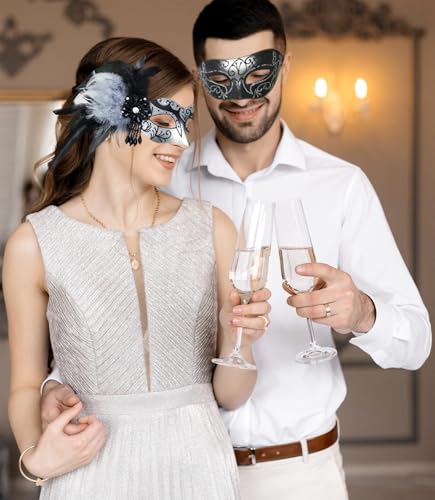MYSEUNI Silver Masquerade Mask for Couples -Masquerade Masks for Women with Feathers & Venetian Half Mask Halloween for Ma...