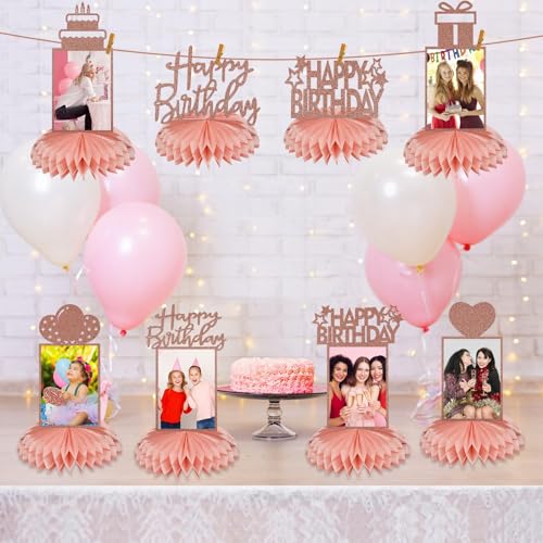 Bumqviy 8Pcs Rose Gold Birthday Decorations Honeycomb Centerpieces for Women Girl, Pink Rose Gold Glitter Birthday Photo T...