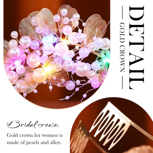 Kilshye Light Up Pearl Wedding Crowns and Tiaras Gold Flower Bridal Headband Prom Headpiece for Women