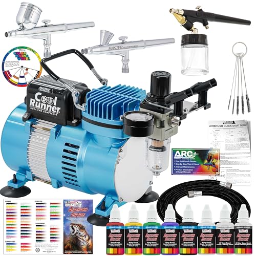 Master Airbrush Cool Runner II Air Brush Kit with Air Compressor Dual Fan, 3 Airbrushes, 6 Color Acrylic Paint Set, Hose, ...