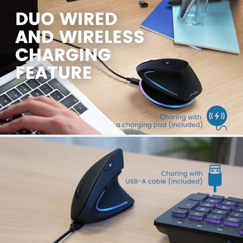 Perixx PERIMICE-713RX Wireless Rechargeable Vertical Mouse - Duo Wired and Wireless Charging Feature - Charging Pad Includ...