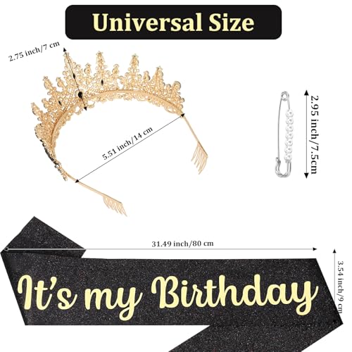 Crown and Glitter Sash for Adult Women - Princess Tiara, Hat, Headband for Birthday Parties - Black Decorations