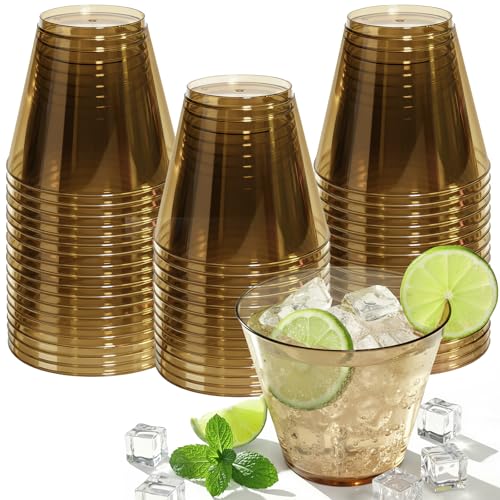 Glowserve 50 Pack Plastic Cups 9 oz Brown Clear Plastic Cups for Cocktail Fancy Disposable Cup for Party Stemless Wine Gla...