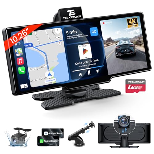 TECXERLLON 10.26'' Wireless Carplay Screen for Car with 4K Dash Cam & 1080P Backup Camera, Portable Car Audio Receivers wi...