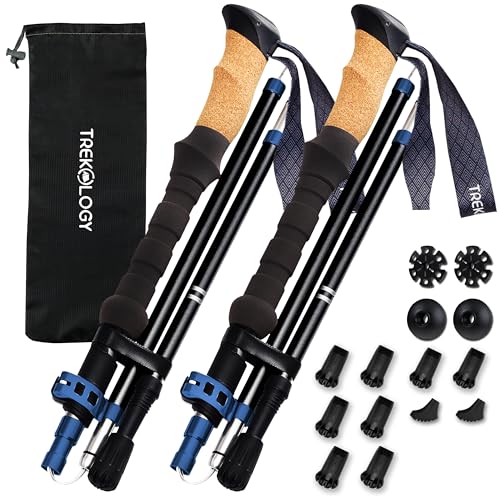 TREKOLOGY Trek-Z Cork Grip Trekking Poles Bundle with 6 Rubber Tip Replacements – Lightweight Folding Hiking Poles, Adjust...