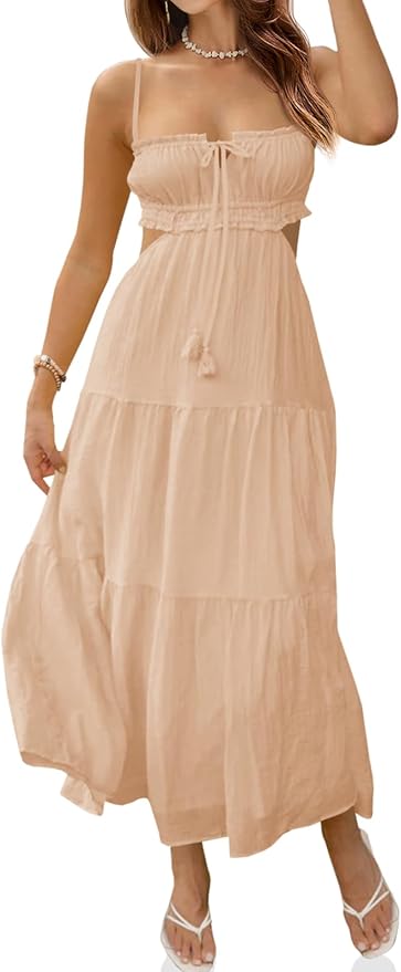 Fisoew Women's Spaghetti Strap Maxi Dress Summer Sleeveless Side Cut Out Dress Casual Boho Backless Flowy Long Dresses