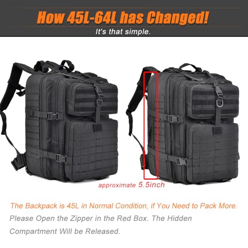 R.SASR 64L Large Tactical Backpack, Military Backpack, Molle Backpack, Tactical Bag, Hiking Daypacks (3, black)