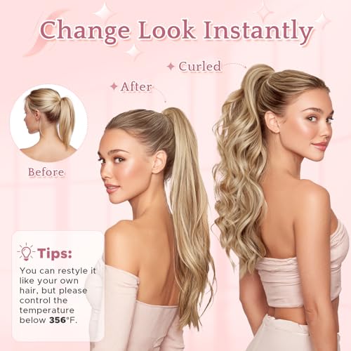 Human Hair Claw Clip Ponytail Extension 100% Real Human Hair Clip-In Extensions for Women Long Straight Pony Tails 16 Inches 105g #12P613 Golden Brown mixed Bleach Blonde