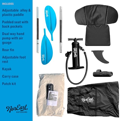 NorEast Outdoors Inflatable Kayak Package 9' (Explorer) - Adjustable Inflatable Seat with Backrest, Adjustable Paddle, Car...