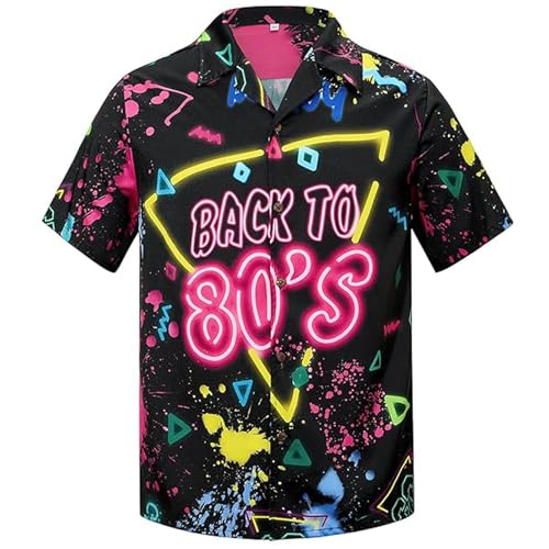 Zando 90s 80s Outfit for Men - Funny Retro Short Sleeve Button Down Hawaiian Shirt for Disco & Themed Party & Beach