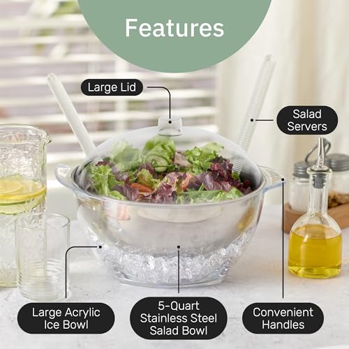Useful Co. 5QT Salad Bowl Set on Ice - Large Salad Bowl with Lid & 2 Servers - Chilled Tray for Cold Food, Party Buffet - ...