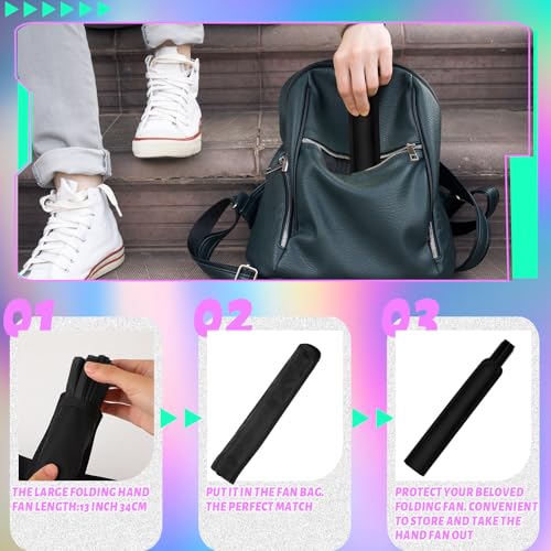 Anglechic 13" Large Folding Rave Fan with Holster for Men Women Festival Line Dancing Music Festival Party Black Decoration