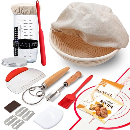 Complete Sourdough Starter Kit, Banneton Bread Proofing Basket with Glass Sourdough Starter Jar, Sourdough Bread Baking Su...