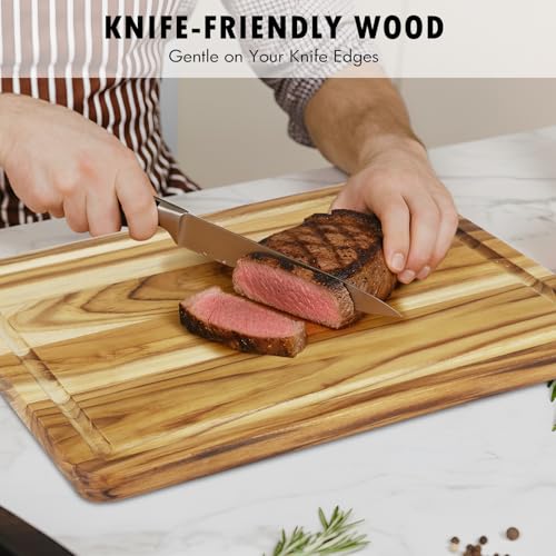 Zovano 3-PieceTeak Wood Cutting Board Set with Stand for Kitchen, Chopping Boards with Deep Juice Groove, Charcuteire Butc...