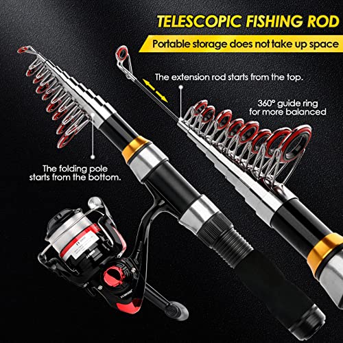 Telescopic Fishing Rod Reel Combo 2PCS 6.89FT Collapsible Fishing Pole Spinning Reel Lures Accessories with Fishing Bag Po...