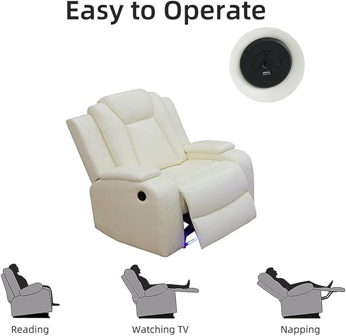 Toseslo Power Recliner Sofa Set, Leather 3 Pieces Sectional Couch, Living Room Furniture Sets with LED Light, Modern Power Reclining Sofa Sets with Storage Console for Living Room(Creamy White)
