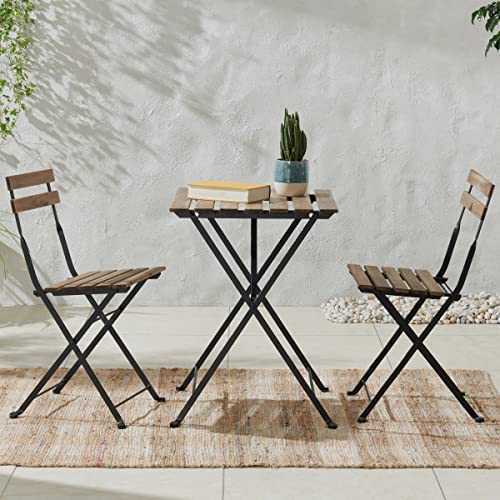 Folding Patio Bistro Set – 3-Piece Acacia Wood and Steel Café Table and Chairs for Porch, Deck, Garden, or Balcony Furnitu...