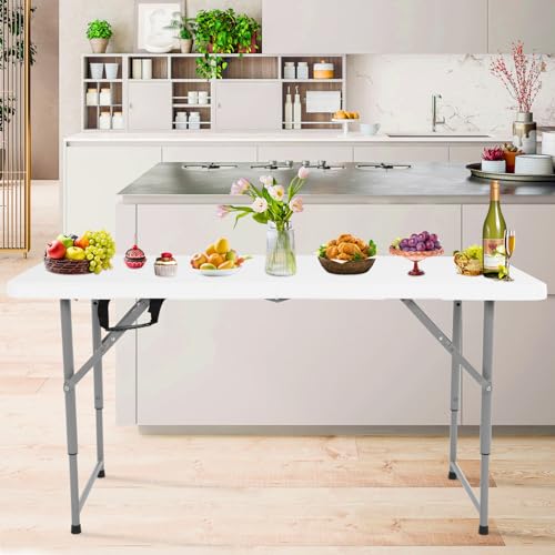 PIKAQTOP 4ft Heavy Duty Plastic Folding Table for Camping, Picnic, BBQ, Party - Portable and Foldable Utility Table with C...