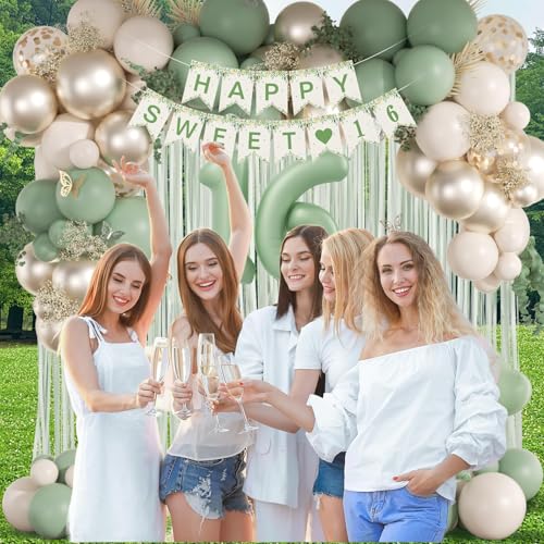 73pcs Sweet 16 Party Decorations, 16 Birthday Decorations with 16th Birthday Banner 16 Balloon Number Fringe Curtain Sage ...