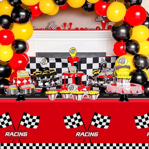 Childom 3Pcs Racing Car Plastic Tablecloth, Race Birthday Party Decorations, 54'' x 108'' Checkered Table Cloth Decor, Fav...