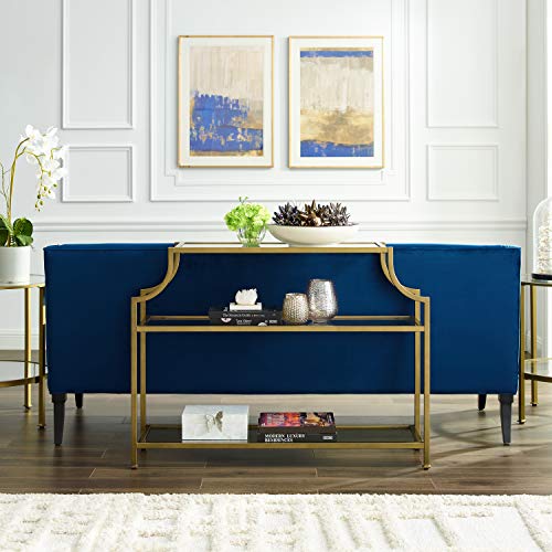 Crosley Furniture Aimee Sofa Console Table with Storage Shelves for Hall, Entryway, or Living Room, Gold and Glass