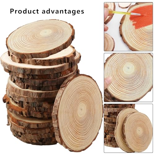 FSWCCK 17 PCS Unfinished Wood Slices for Centerpieces - 5.1-5.5 Inch,Round Natural Discs with Tree Bark, Wooden Cookies Ci...