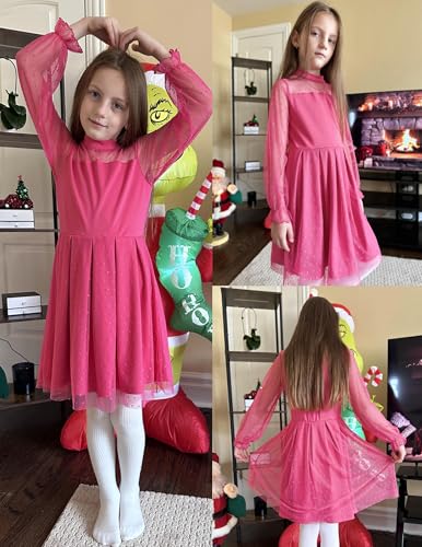 Arshiner Girls Dresses Contrast Mesh Puff Long Sleeve Mock Neck Formal Party A Line Short Tulle Dress