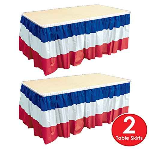 Beistle Plastic Patriotic Table Skirts 2 Piece Self Adhesive July 4th Tableware, Independence Day Decorations, 29" x 14', Red/White/Blue