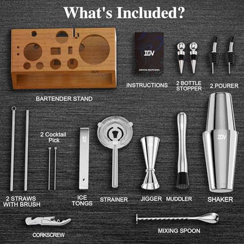 IOV Mixology Bartender Kit Bar Set with Stand | 17-Piece Cocktail Shaker Set | 28oz Boston Shaker Drink Mixer Set with All...