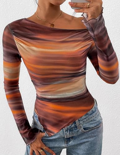 PRETTYGARDEN Womens Fall Trendy Off Shoulder Y2k Tops 2026 Tie Dye Mesh Long Sleeve Shirts Asymmetrical Ruched Floral Blouse