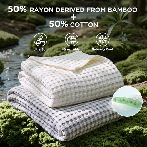 Bedsure Cooling Bamboo Waffle Queen Size Blanket - Soft, Lightweight and Breathable Full Blankets for Hot Sleepers, Luxury...