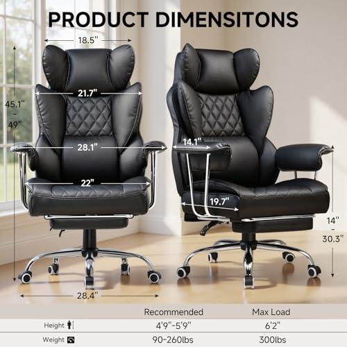 COMHOMA Big and Tall Office Chair, High Back Leather Gaming Chair with Footrest, Executive Ergonomic Office Chair with Poc...