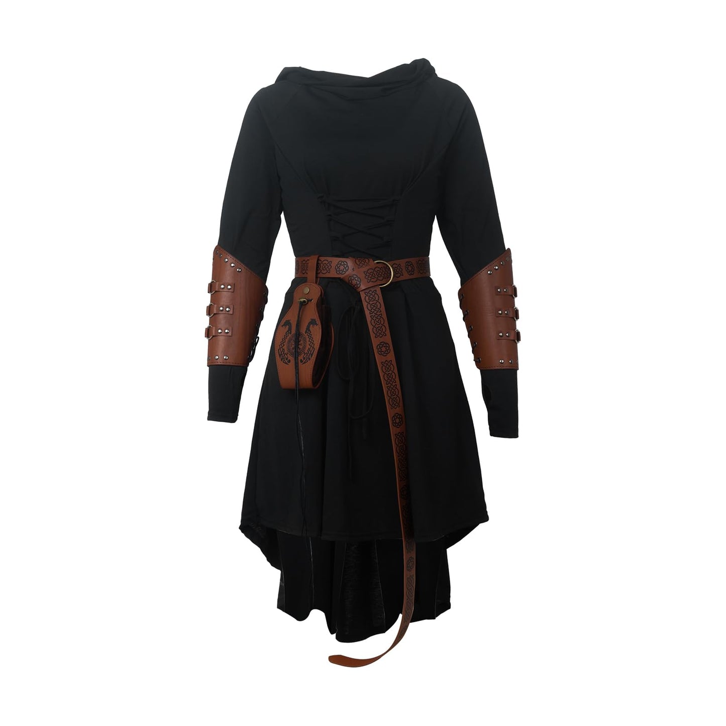 FSUJWOA 5 Pcs Renaissance Women Costume Medieval Hooded skirt Vintage Arm Guard Printed Belt and Waist bag (Black, Large)