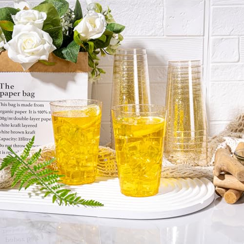 I00000 100 Pack 14 oz Gold Plastic Cups, Disposable Tumblers Gold Glitter Plastic Cups, Disposable Wine Glasses Cocktail G...