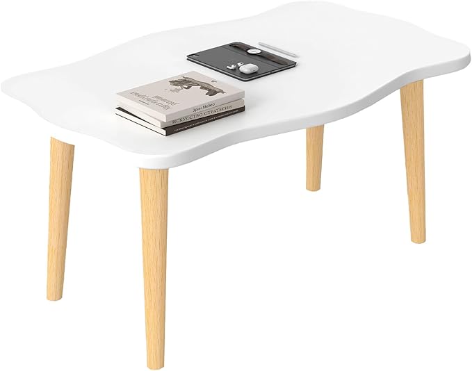 Funecy Cookie Coffee Table Low Table with 4 Solid Wood Sturdy Legs, Floor Table Desk for Sitting on The Floor, Storage and Living Room Furniture (White)