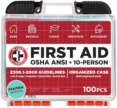 Be Smart Get Prepared OSHA/ANSI First Aid Kit - 10 Person, 100 Pieces - Designed for Home, Business, School, Industrial, a...